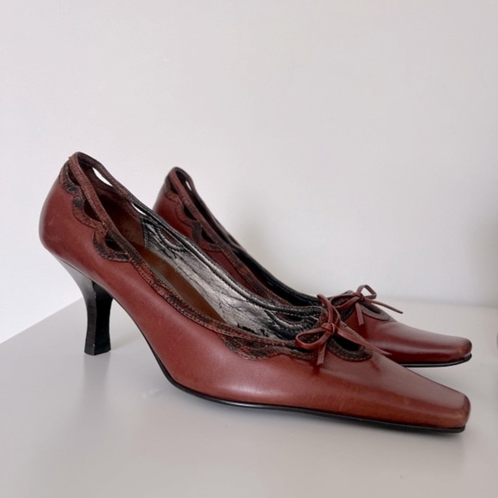 Kitten Heel Italian Leather Square Pointed Toe Bow Pumps Brown 6